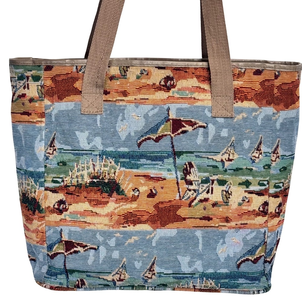 Vintage Tapestry Beach Scene Tote Bag Nautical Coastal Summer Grandma Vacation